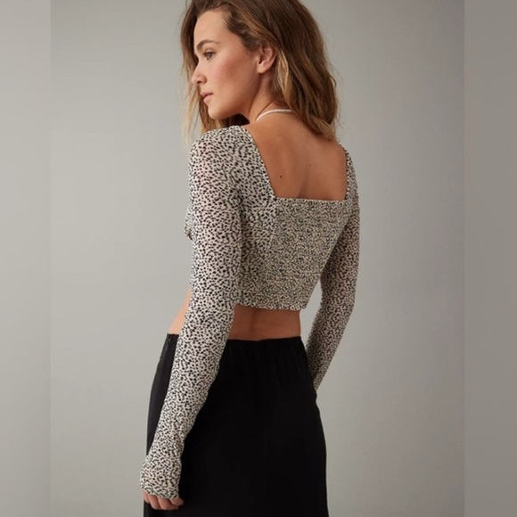 American Eagle Mesh Cropped Corset Top in Cream Black Cheetah Leopard Print XS - Picture 2 of 8
